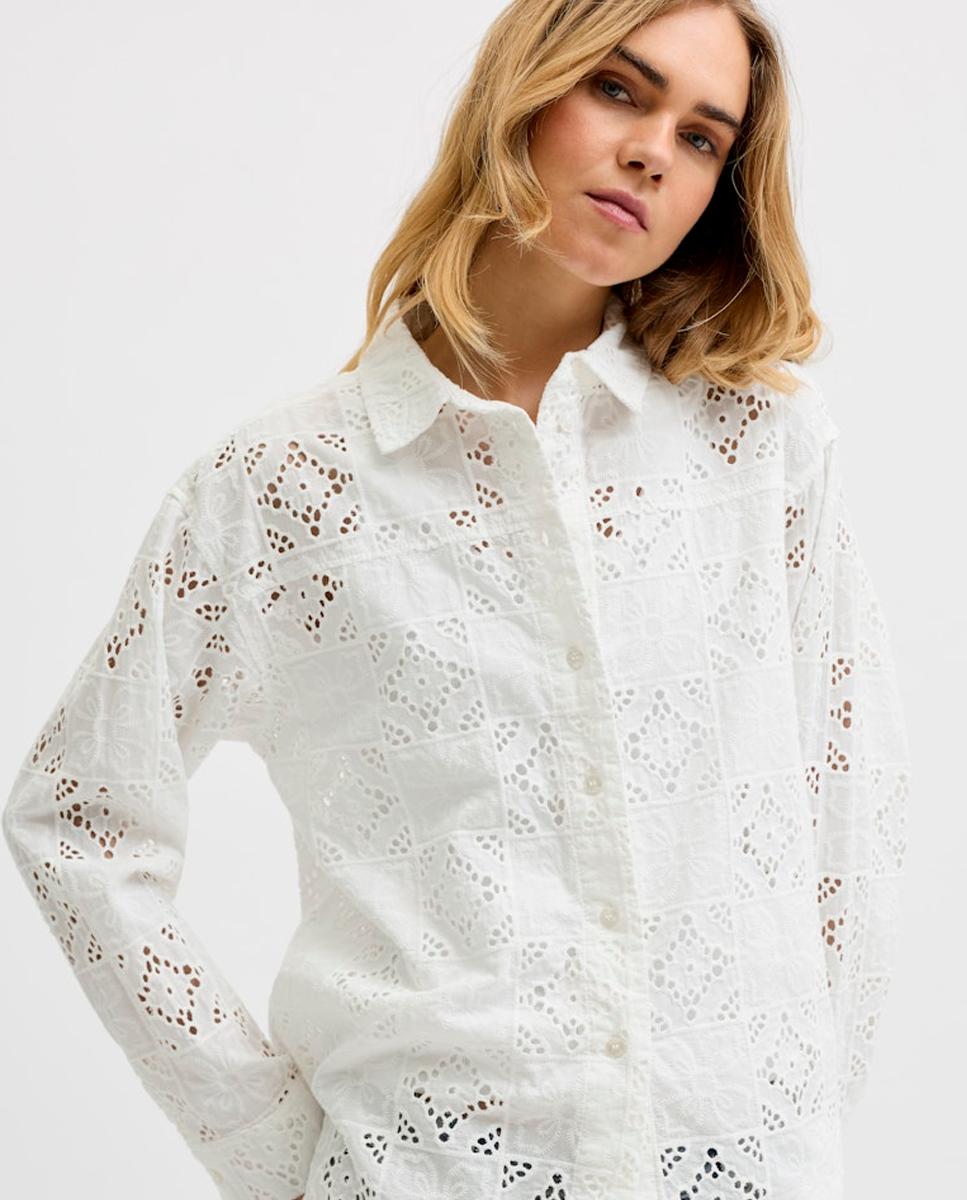 Camisa com Bordado Rendilhado e Colarinho Clássico Branco-2