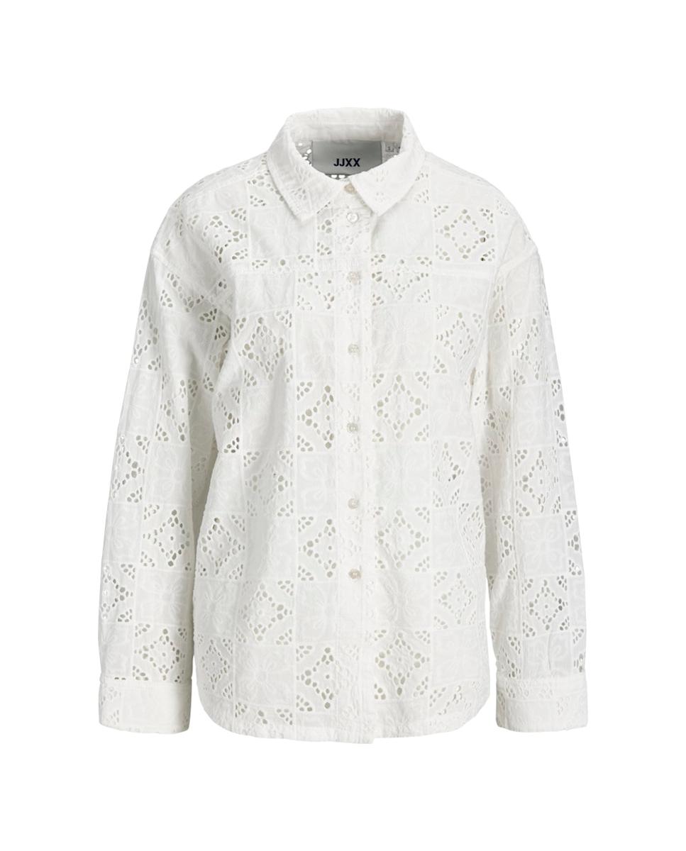 Camisa com Bordado Rendilhado e Colarinho Clássico Branco-5