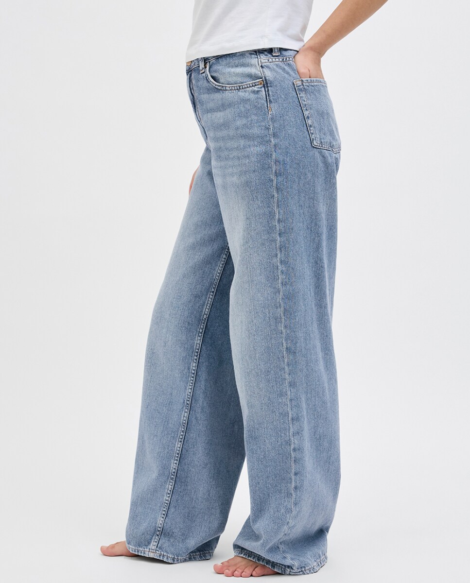 Jeans wide leg com cintura subida Azul-claro-2