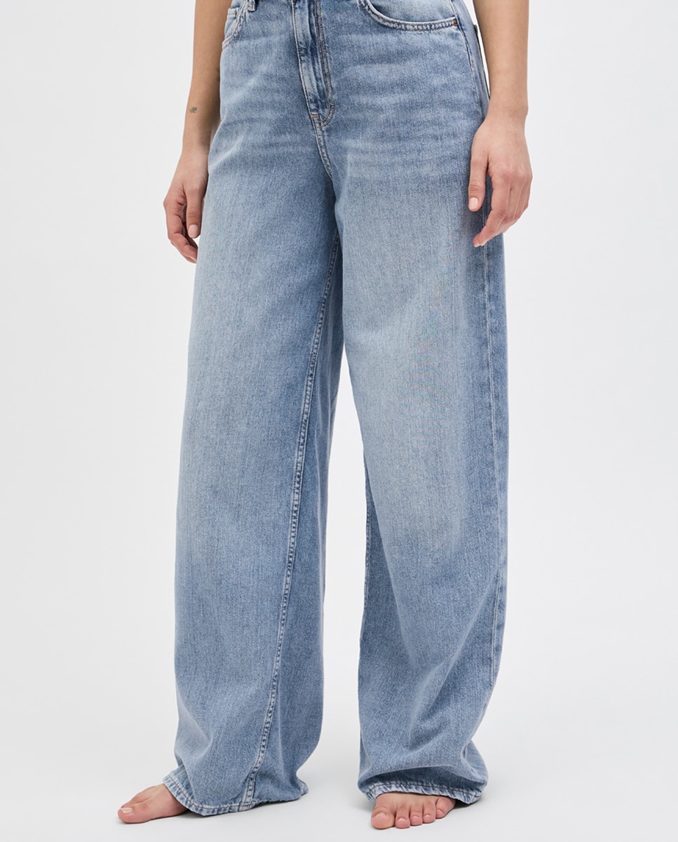 Jeans wide leg com cintura subida Azul-claro-5