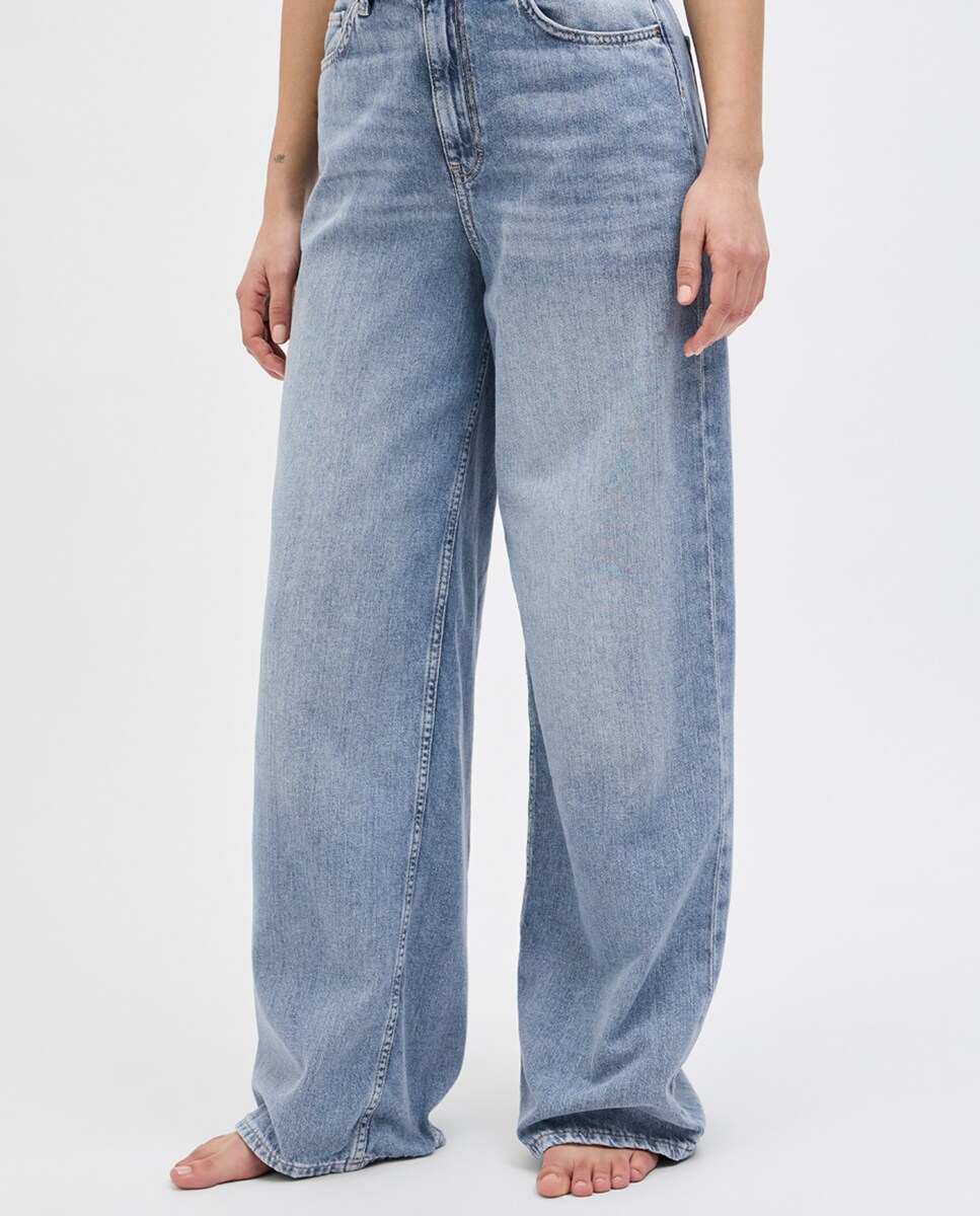 Jeans wide leg com cintura subida Azul-claro-5