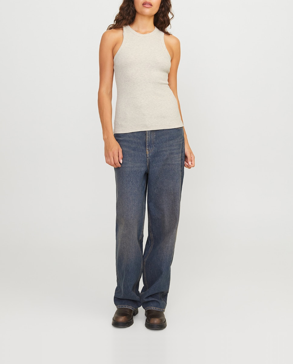 Top Canelado com Gola Halter Bege-3