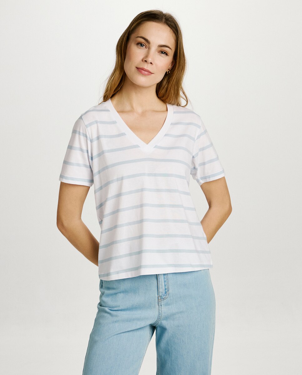 T-shirt às Riscas com Manga Curta Branco-1