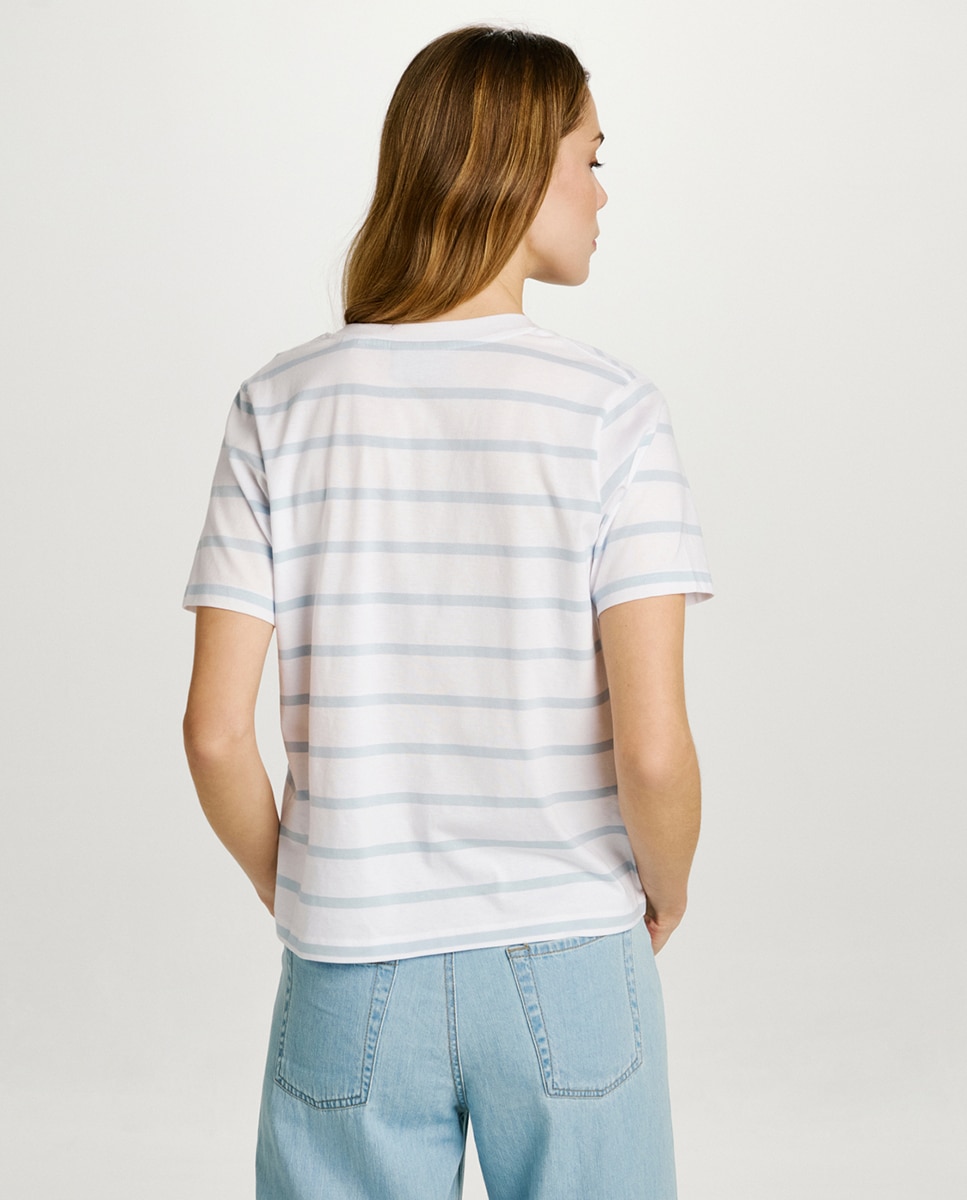 T-shirt às Riscas com Manga Curta Branco-2