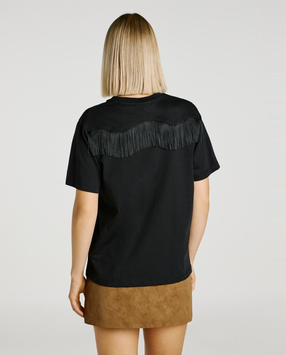 T-shirt com Detalhe de Franjas Preto-2