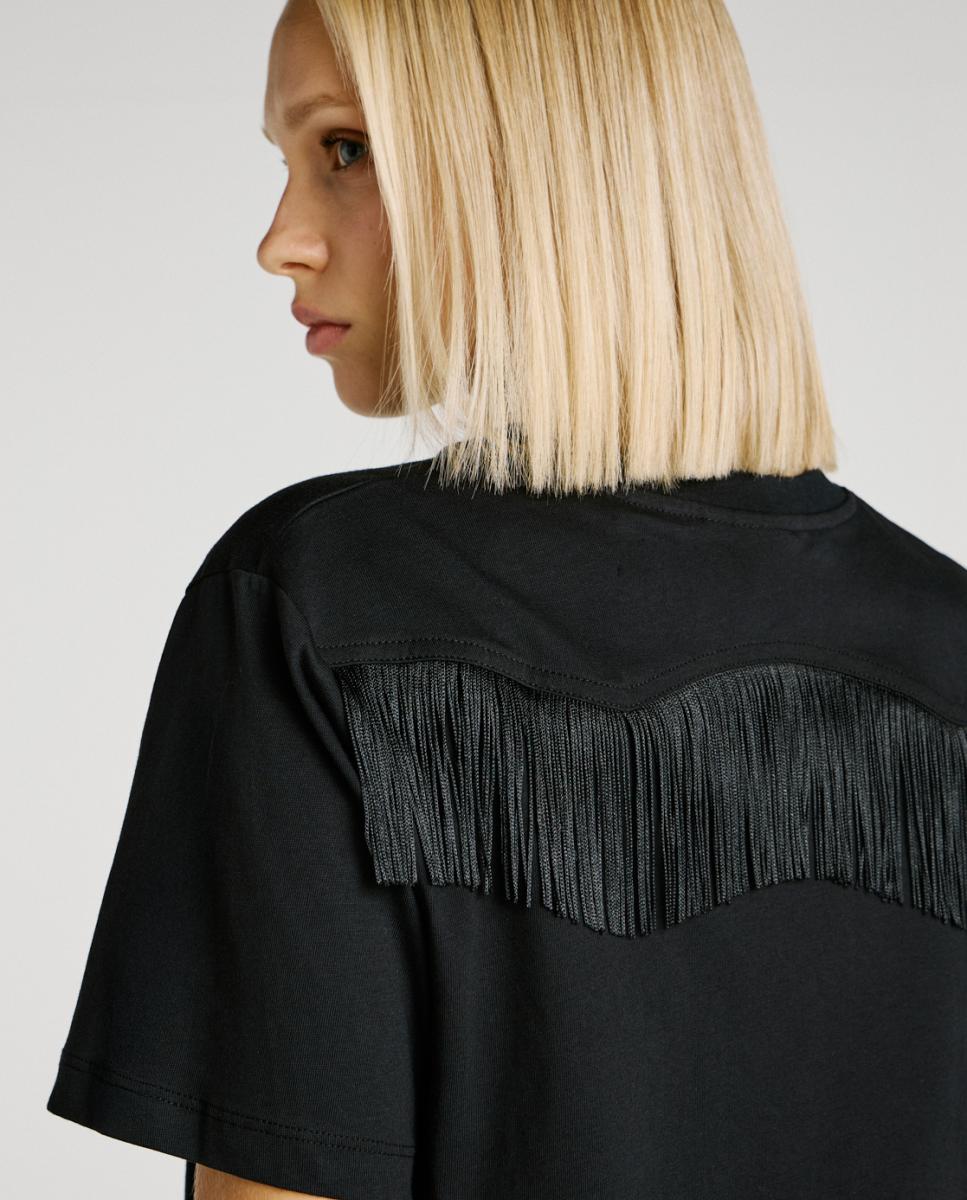 T-shirt com Detalhe de Franjas Preto-3