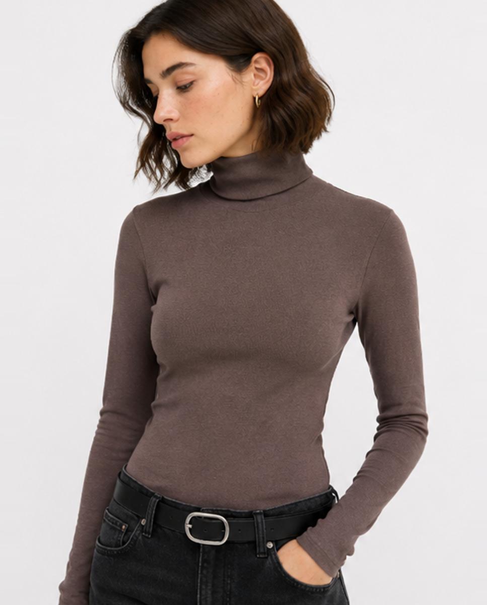 Camiseta de mujer manga larga y cuello alto - Jack & Jones - Marrón Marrón-1