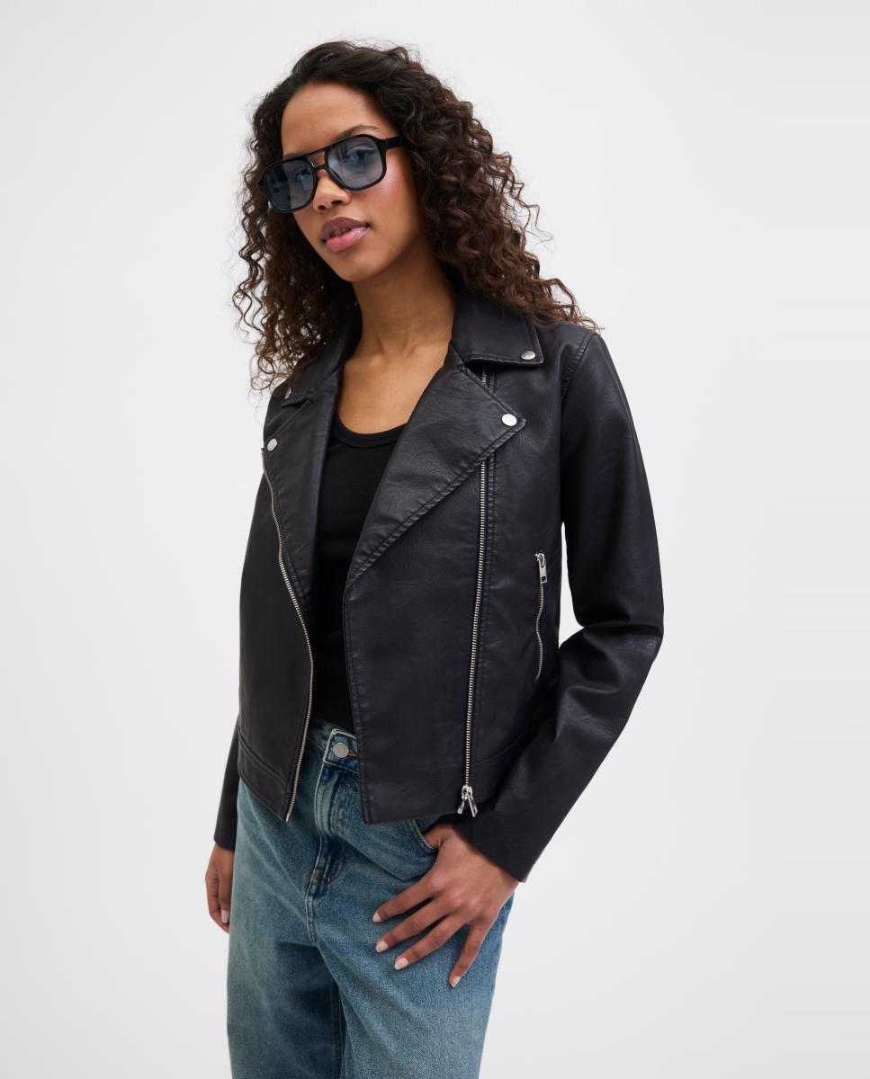 Blusão biker com efeito de pele Preto-4