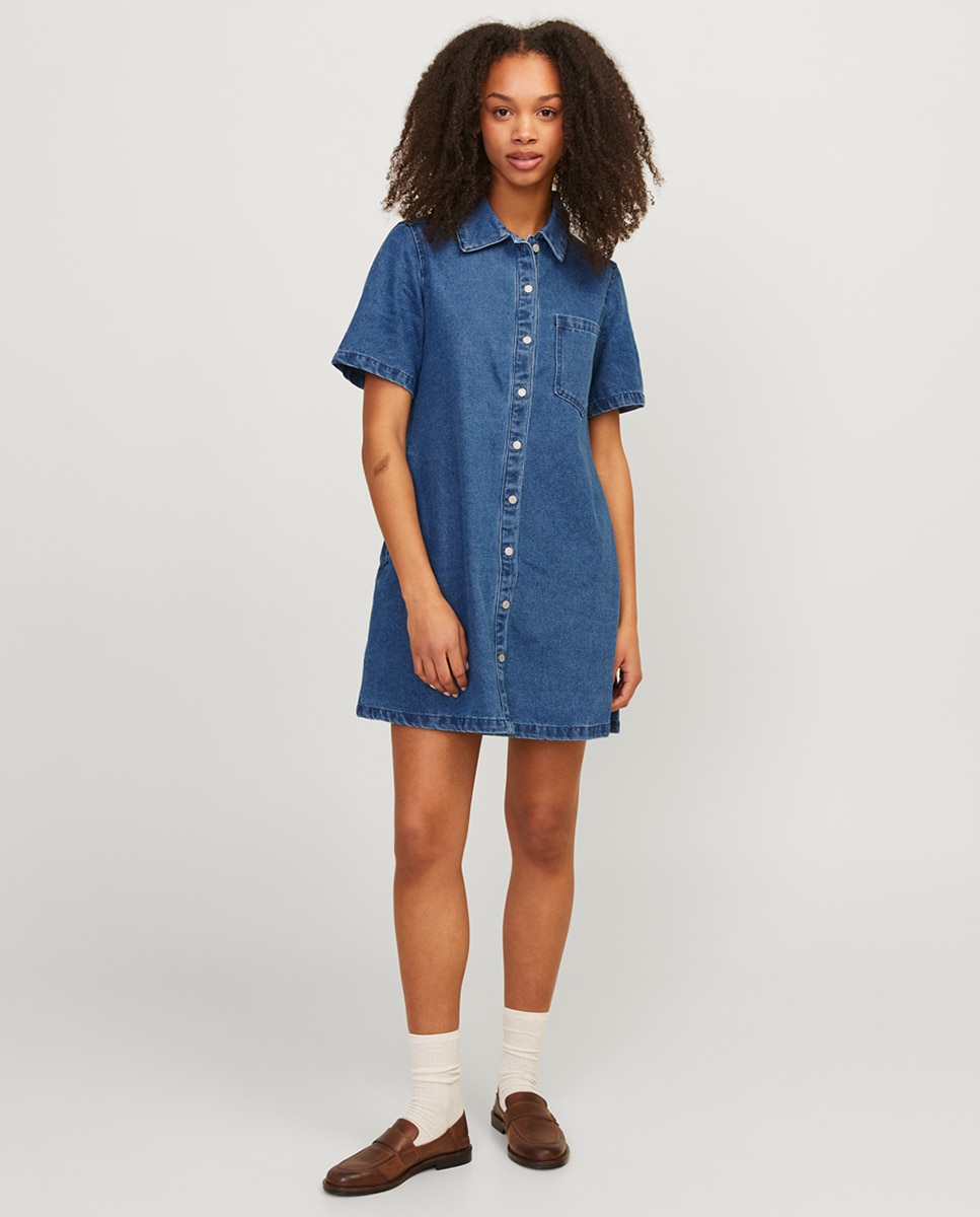 Vestido de Minissaia de Ganga com Colarinho de Camisa Azul-1
