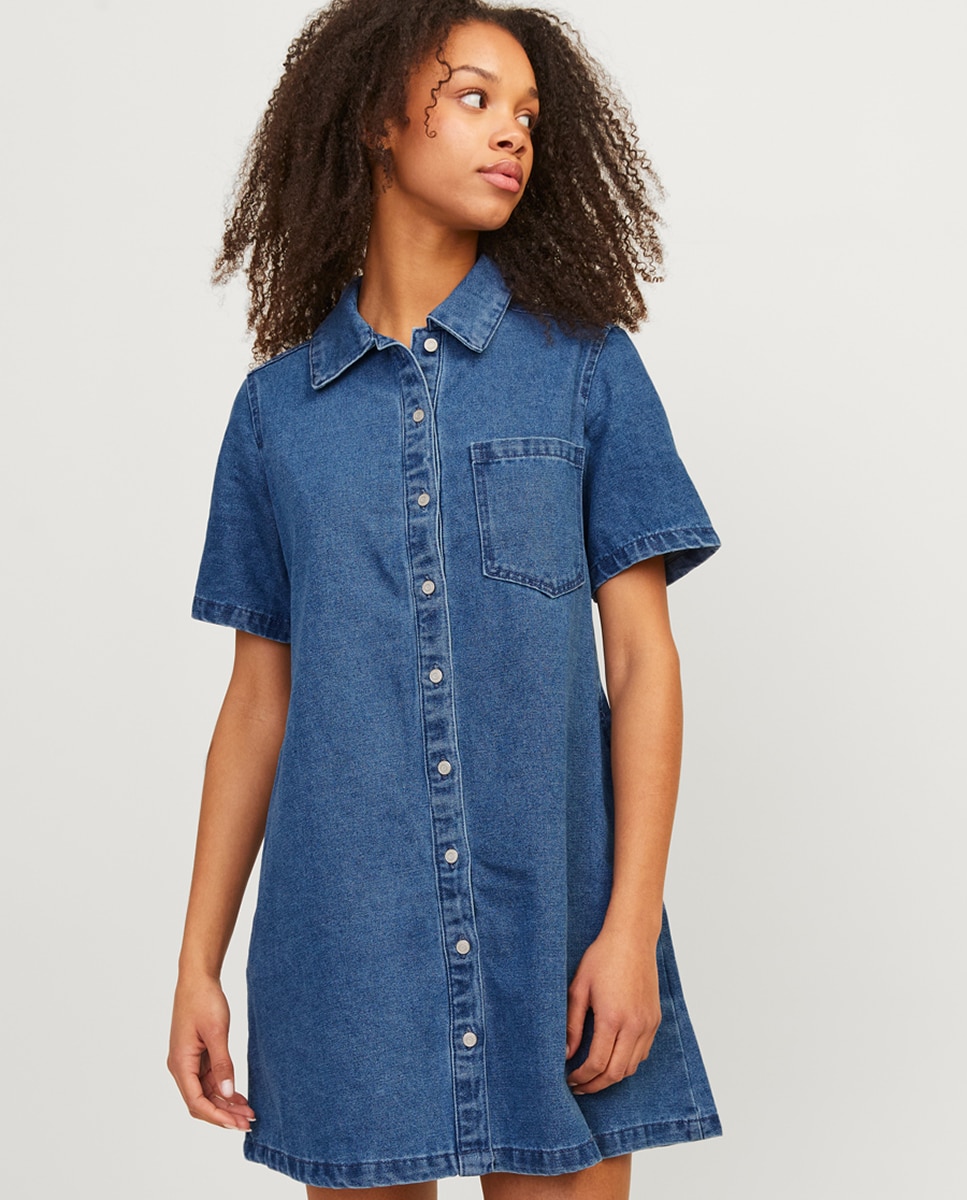 Vestido de Minissaia de Ganga com Colarinho de Camisa Azul-2