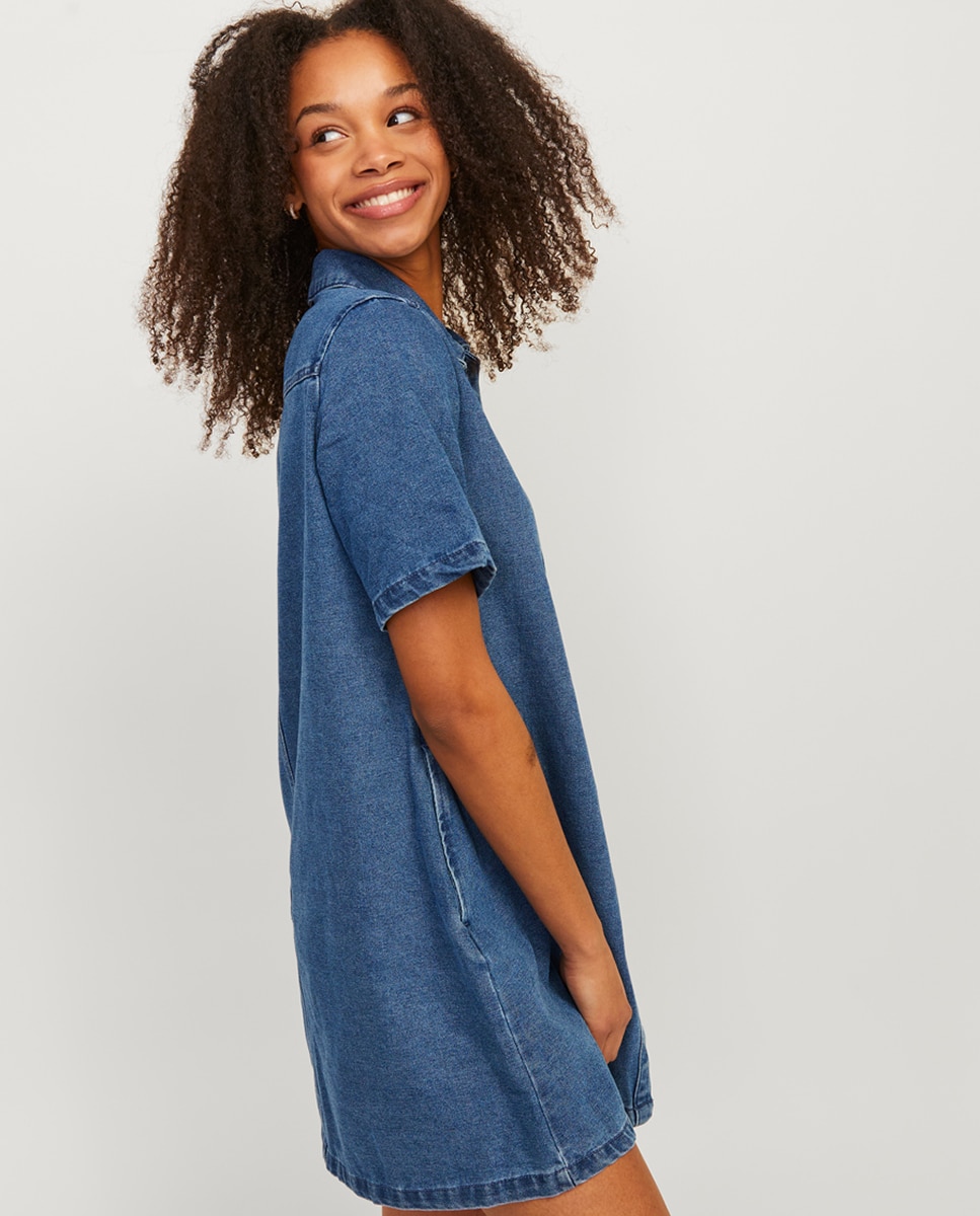 Vestido de Minissaia de Ganga com Colarinho de Camisa Azul-3