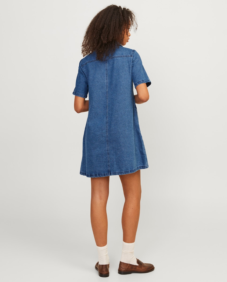 Vestido de Minissaia de Ganga com Colarinho de Camisa Azul-4