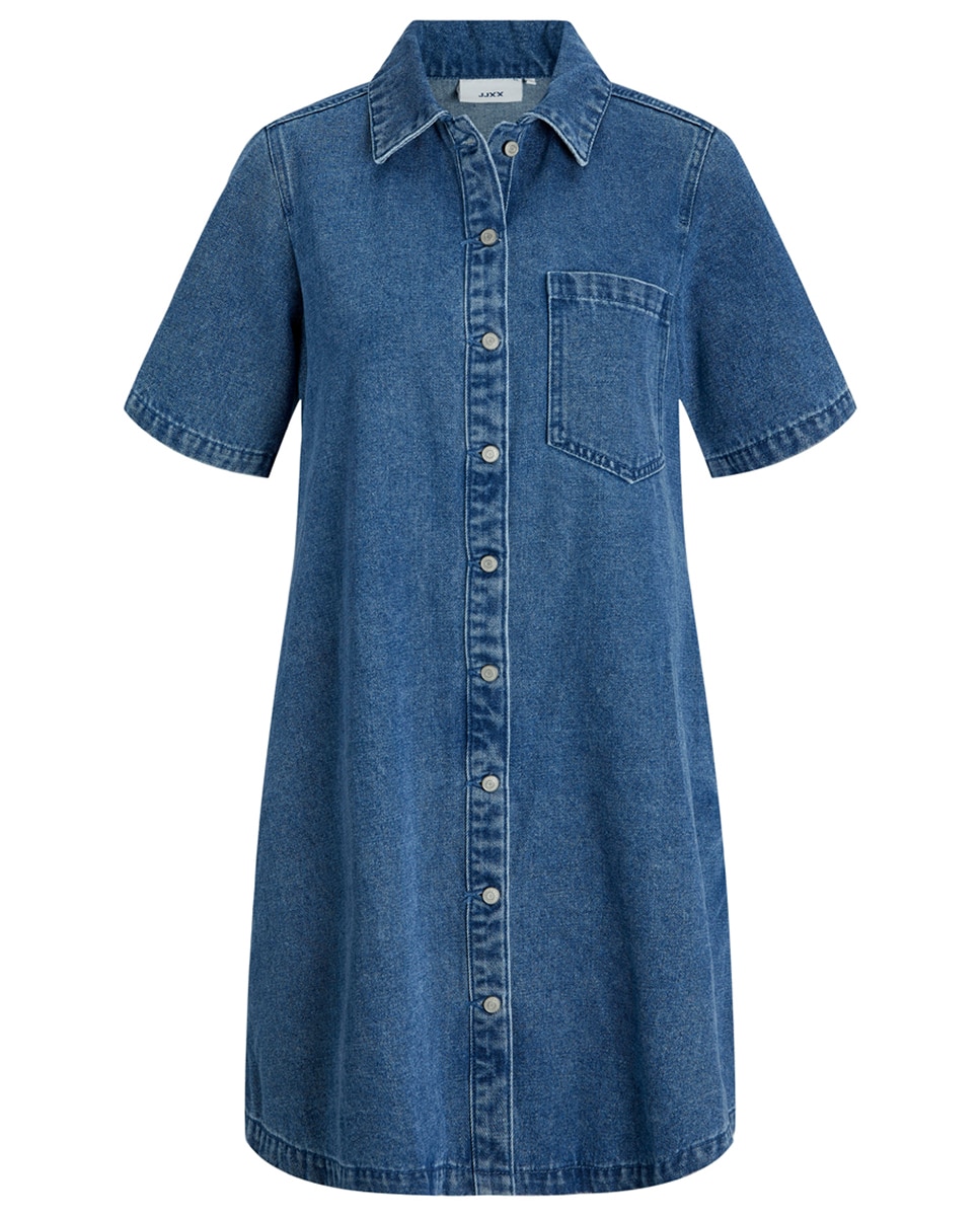 Vestido de Minissaia de Ganga com Colarinho de Camisa Azul-5
