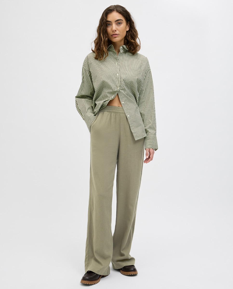 Pantalón de mujer de lino tiro alto - Jack & Jones - Verde militar Verde militar-1
