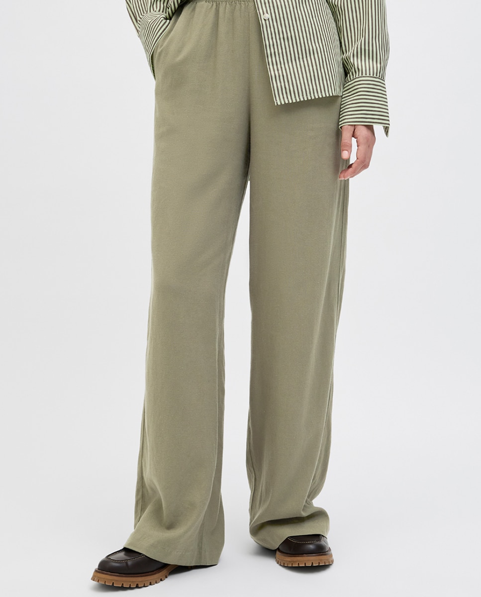 Pantalón de mujer de lino tiro alto - Jack & Jones - Verde militar Verde militar-2