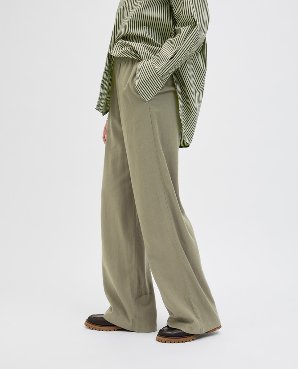Pantalón de mujer de lino tiro alto - Jack & Jones - Verde militar Verde militar-3