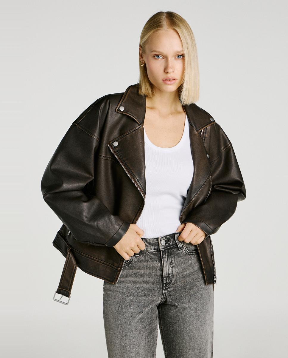Jack & Jones - Cazadora biker de mujer cremallera cruzada.