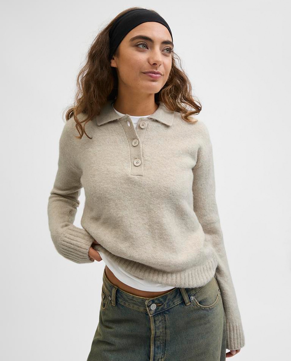 Camisola de malha com colarinho de pólo Creme-4