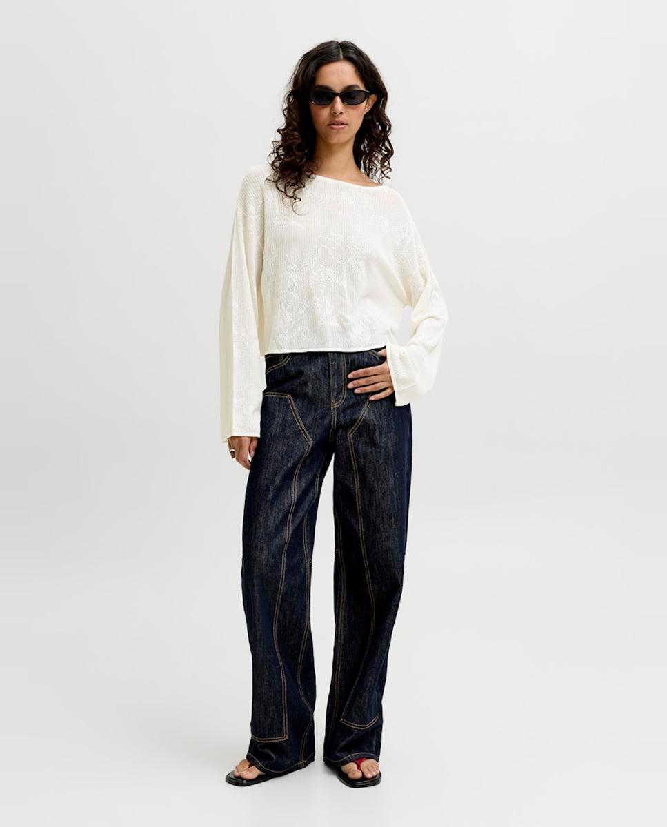 Camisola de malha com decote à barco Creme-3