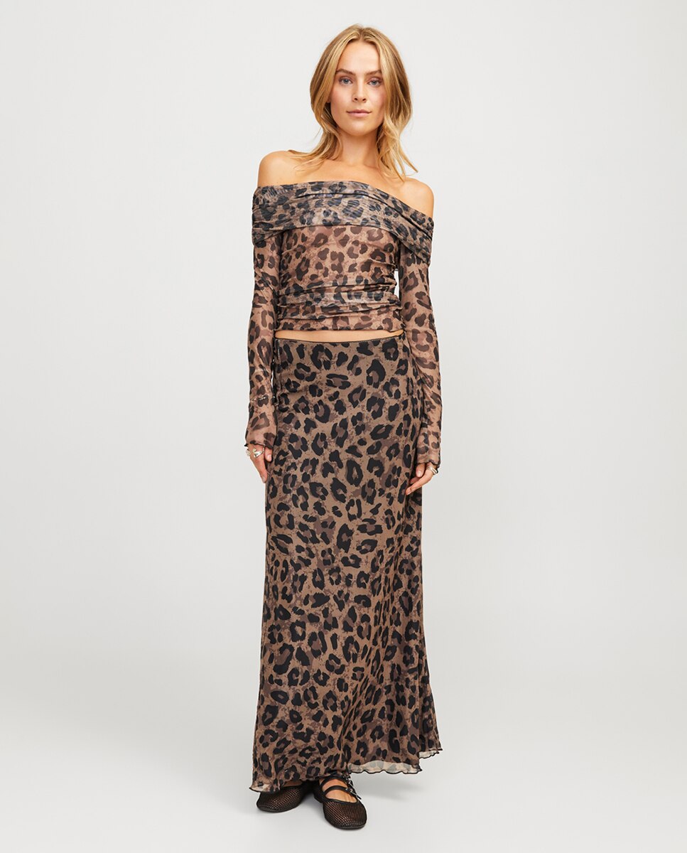 Saia Comprida com Animal Print Castanho-1