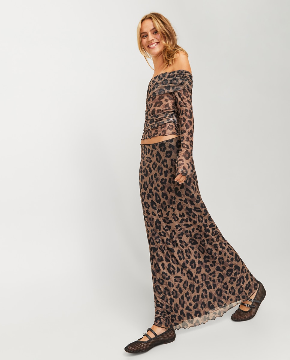 Saia Comprida com Animal Print Castanho-4