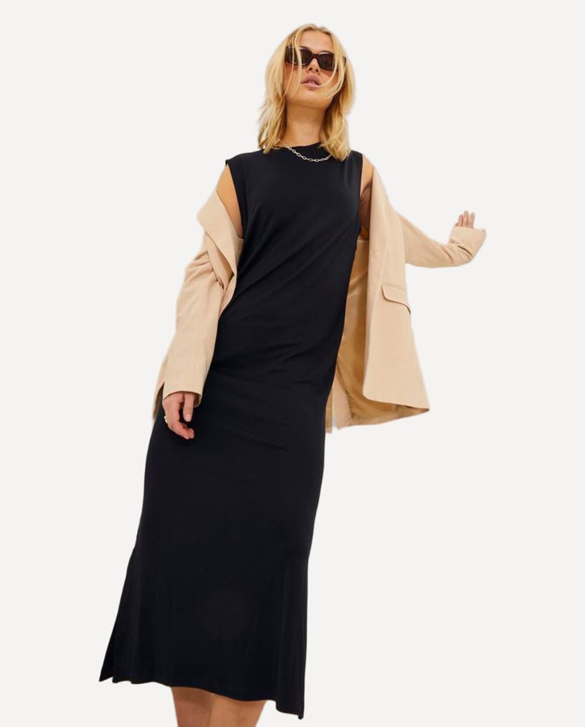 Vestido midi liso Preto-4