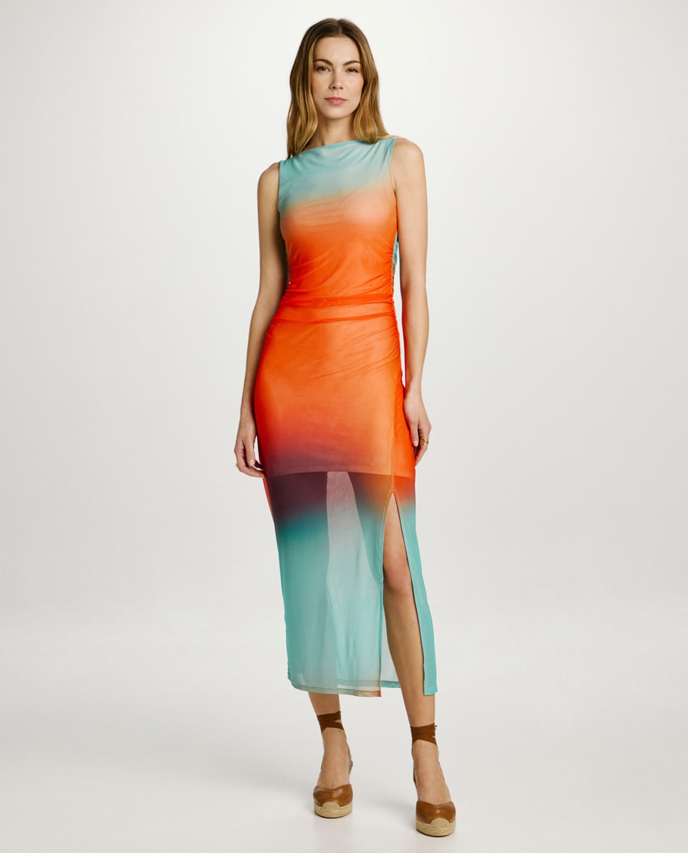 Vestido Maxi de Tule sem Mangas Rosa-1