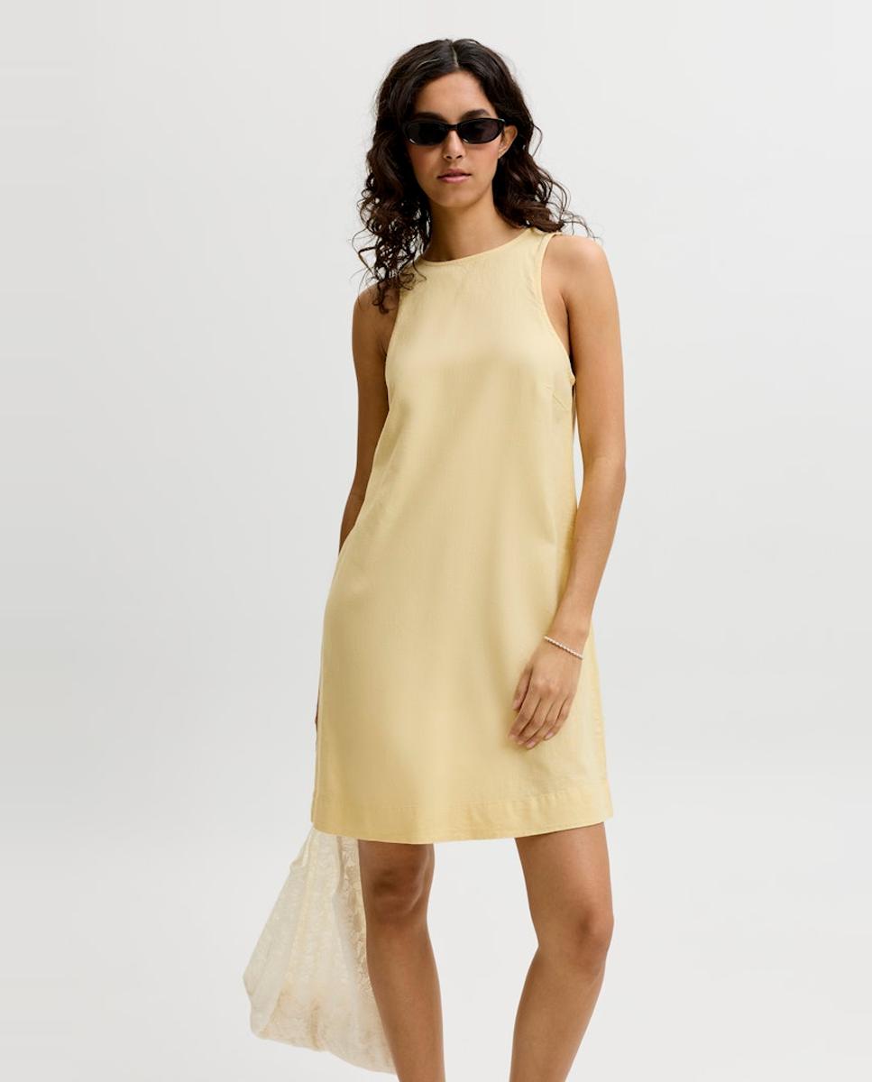 Vestido Curto em Tecido Ligeiro sem Mangas Amarelo-2