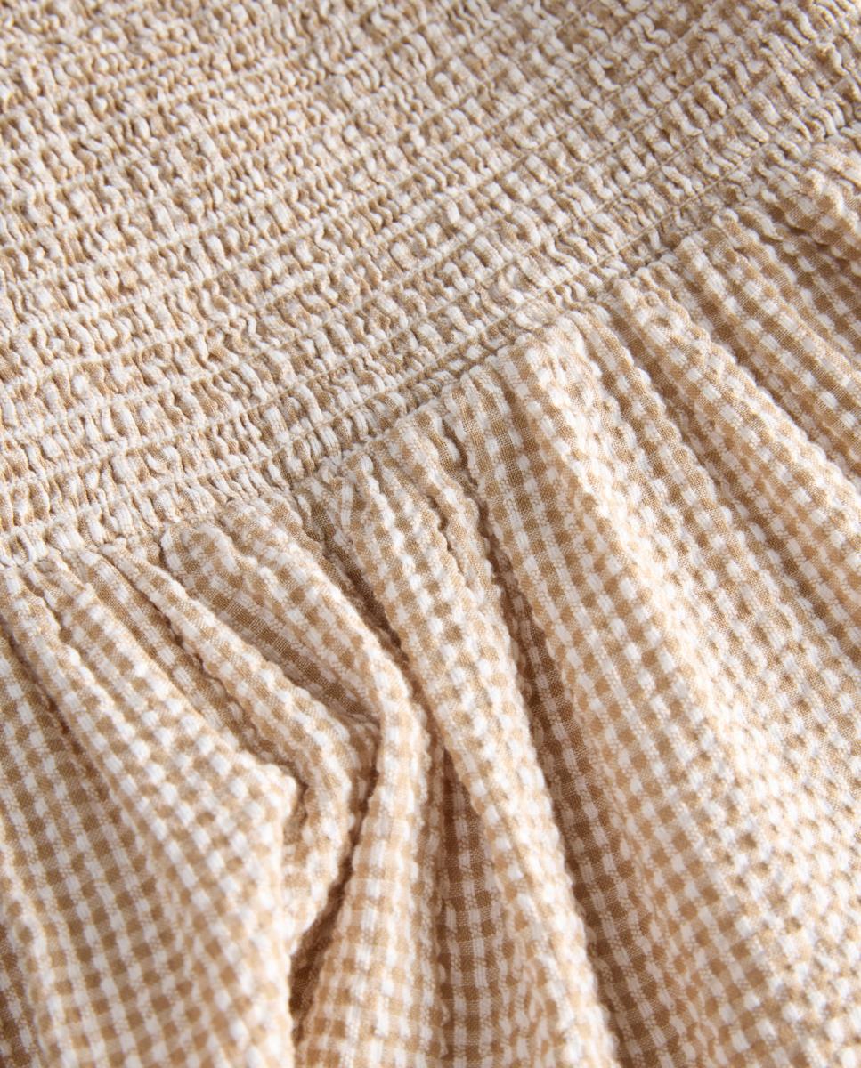 Vestido Comprido Vichy em Tecido Seersucker Castanho-3