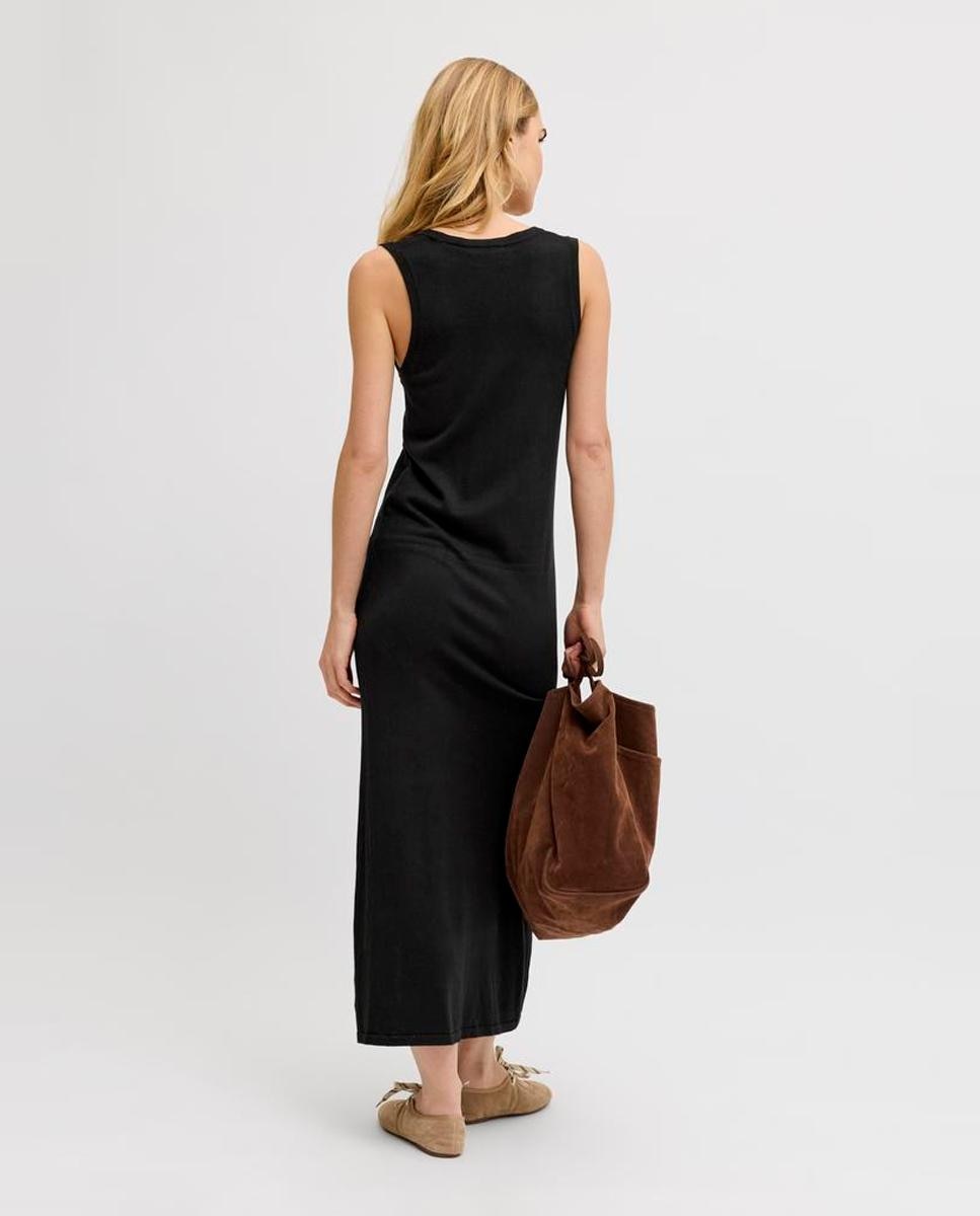Vestido Comprido sem Mangas em Tecido Elástico Justo Preto-2