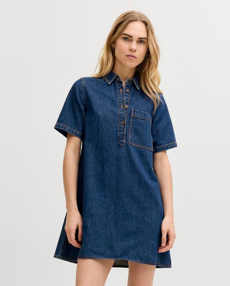 Vestido de Ganga Curto com Colarinho de Camisa Azul-2
