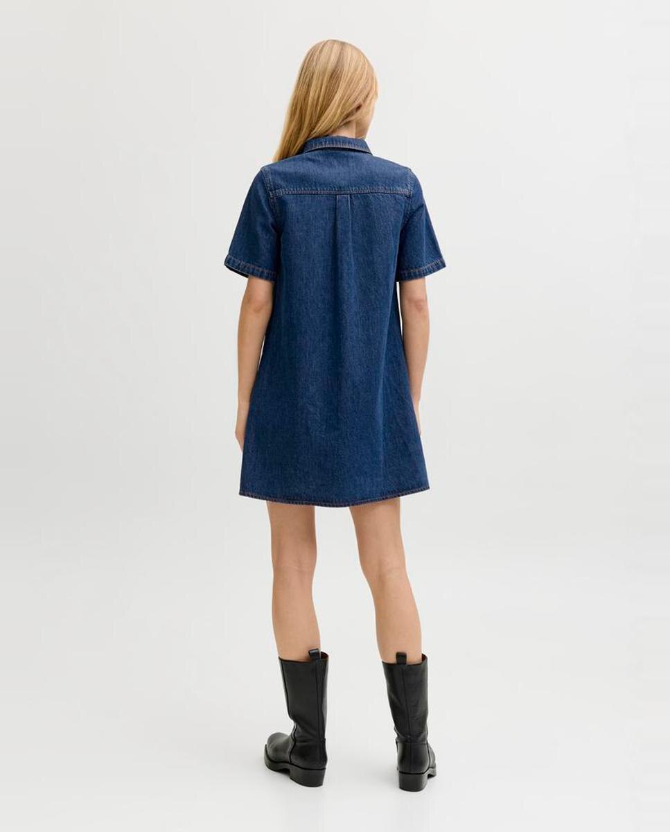 Vestido de Ganga Curto com Colarinho de Camisa Azul-3