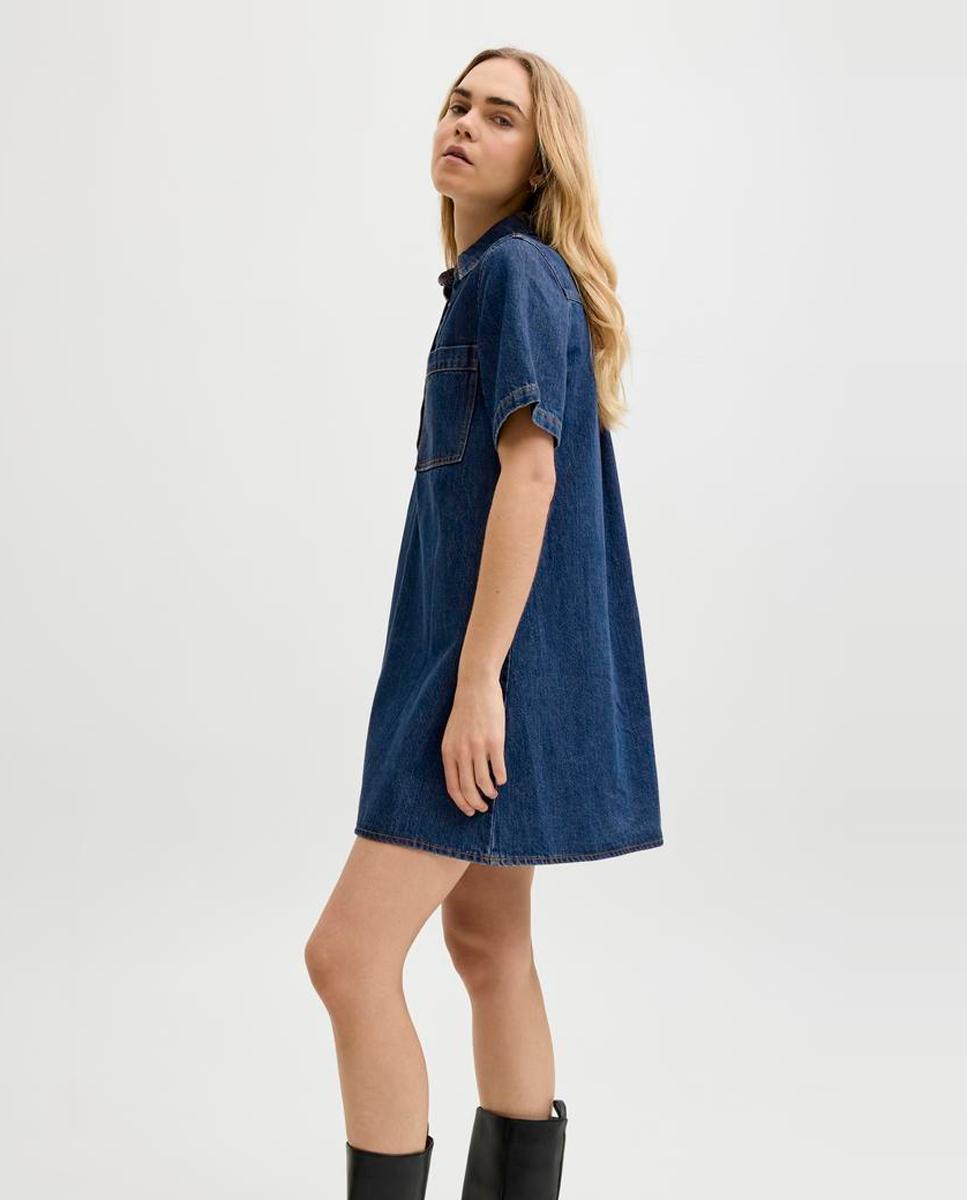 Vestido de Ganga Curto com Colarinho de Camisa Azul-4