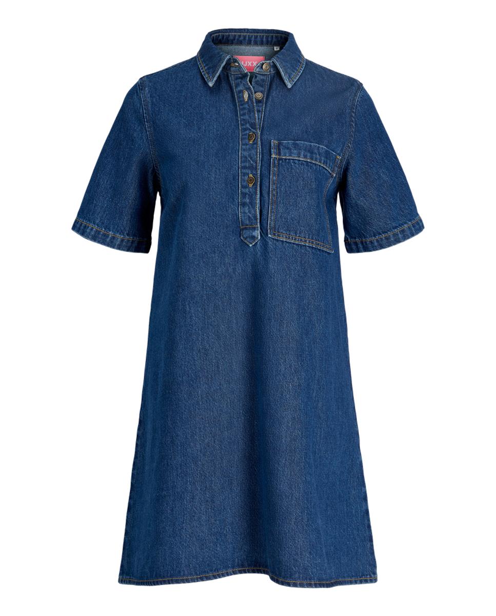 Vestido de Ganga Curto com Colarinho de Camisa Azul-5