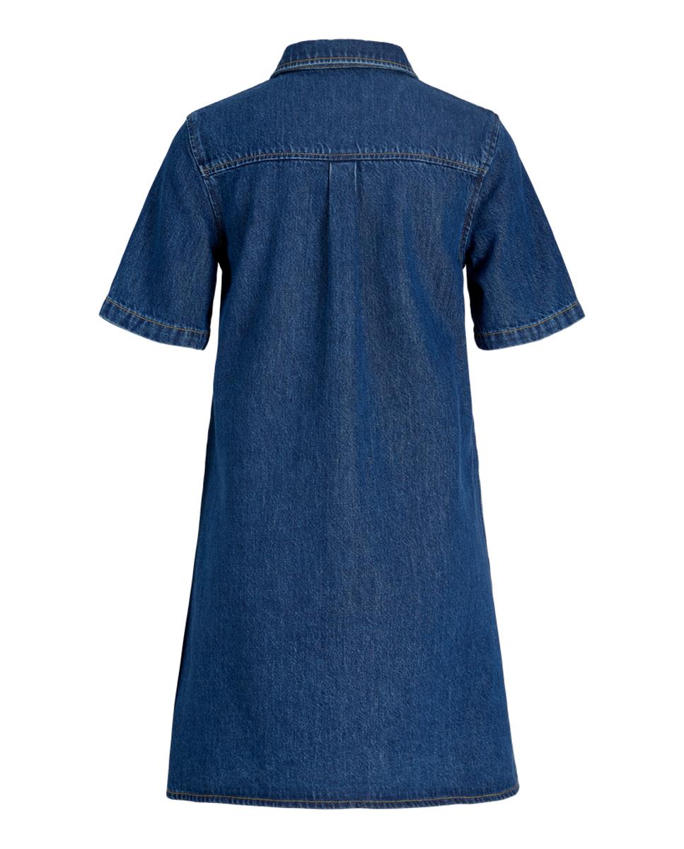 Vestido de Ganga Curto com Colarinho de Camisa Azul-6