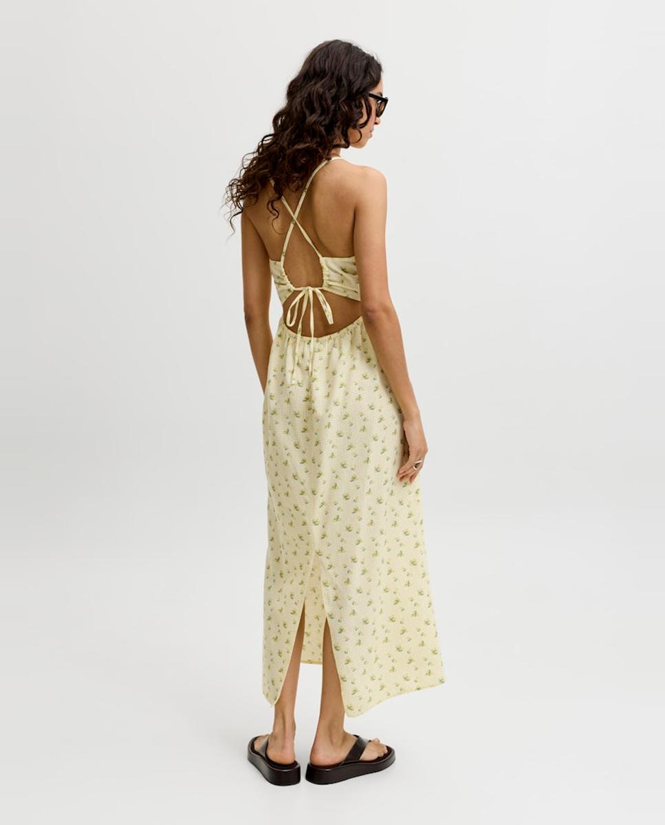 Vestido Comprido Estampado com Alças Cruzadas Amarelo-2
