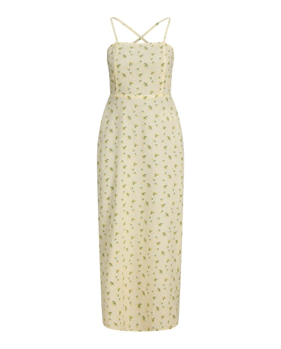 Vestido Comprido Estampado com Alças Cruzadas Amarelo-5