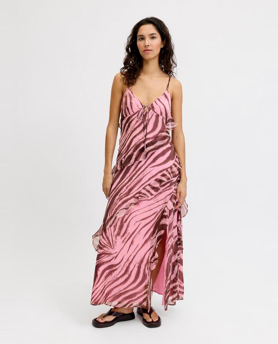 Vestido Comprido de Alças com Folhos Rosa-2
