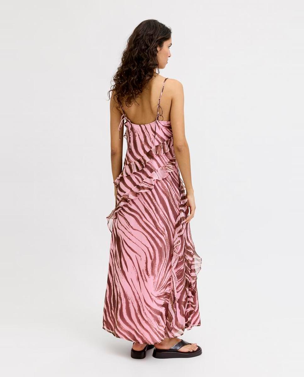Vestido Comprido de Alças com Folhos Rosa-3