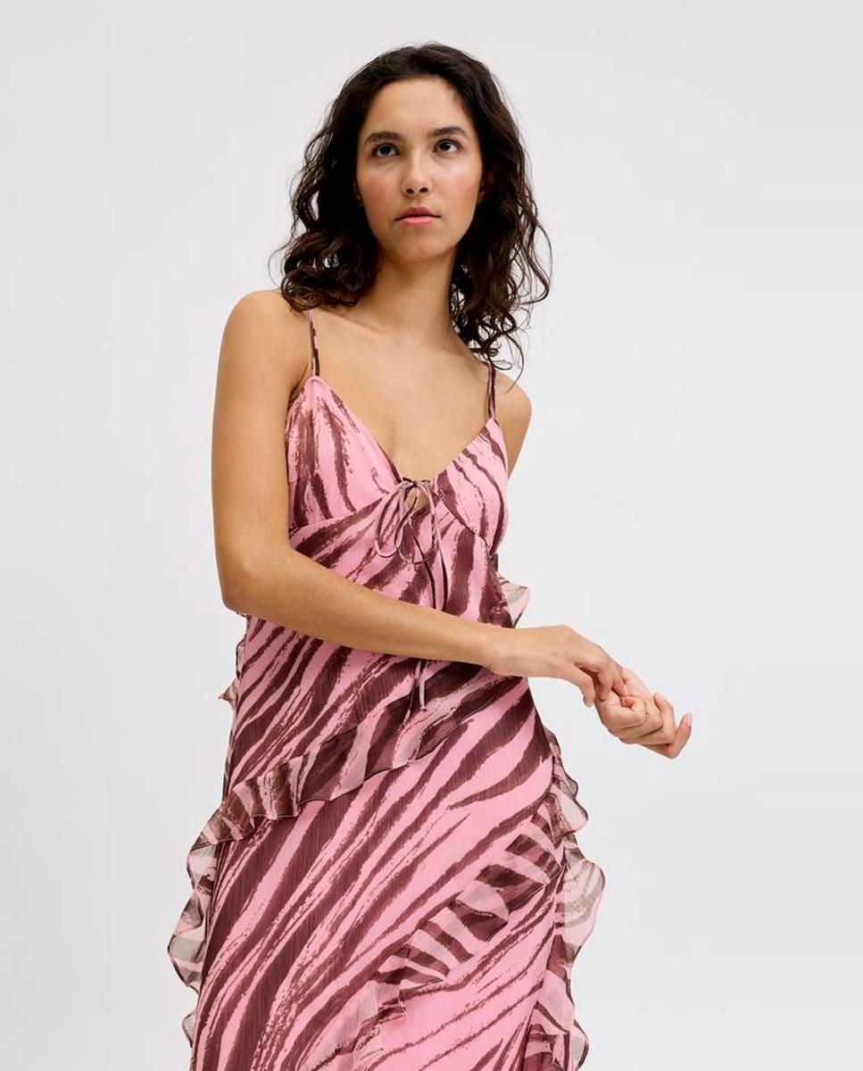 Vestido Comprido de Alças com Folhos Rosa-4