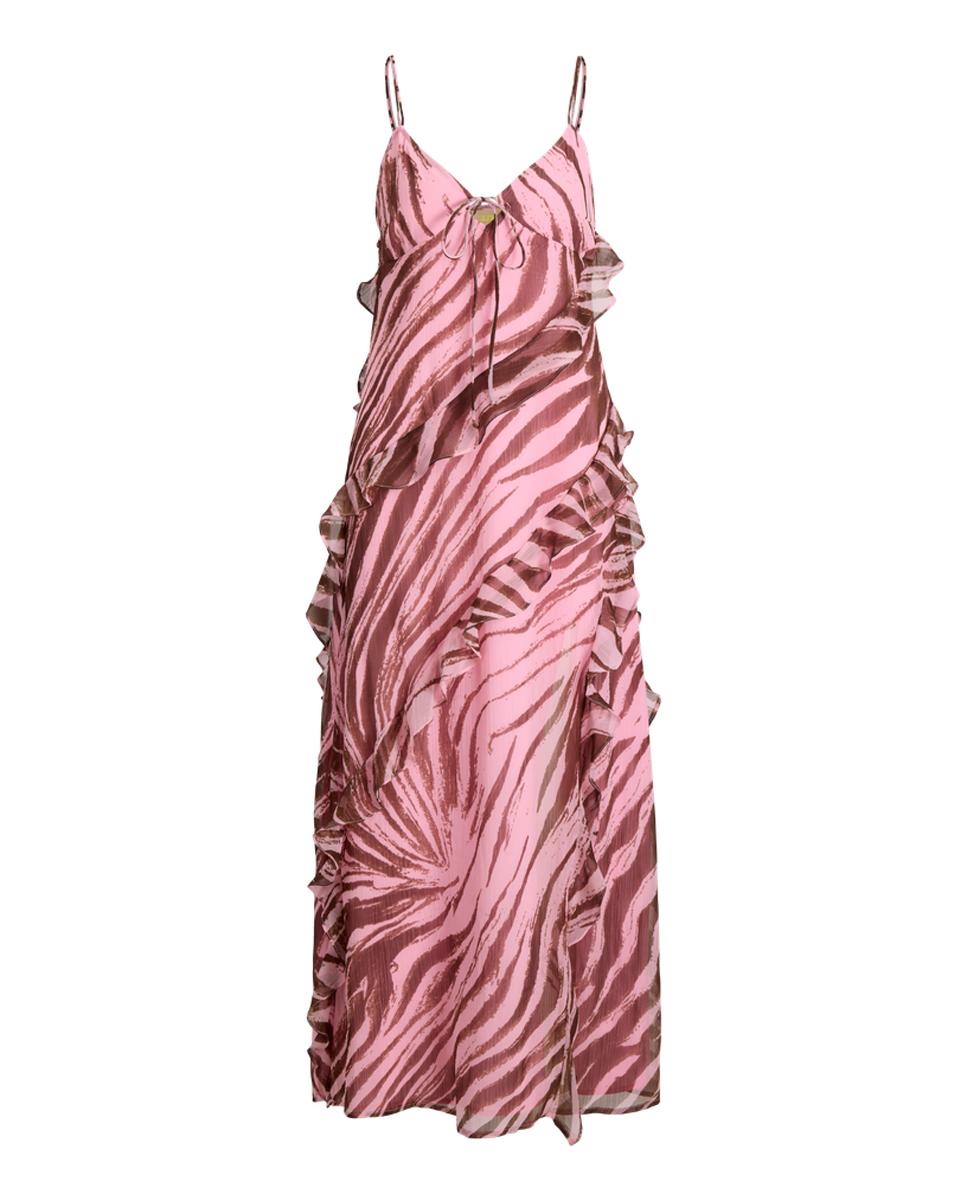 Vestido Comprido de Alças com Folhos Rosa-5