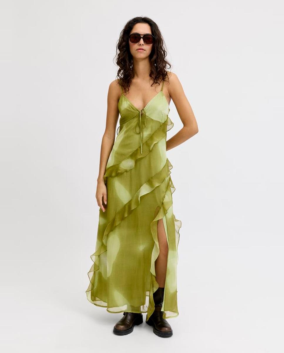 Vestido Comprido de Alças com Folhos Verde-2