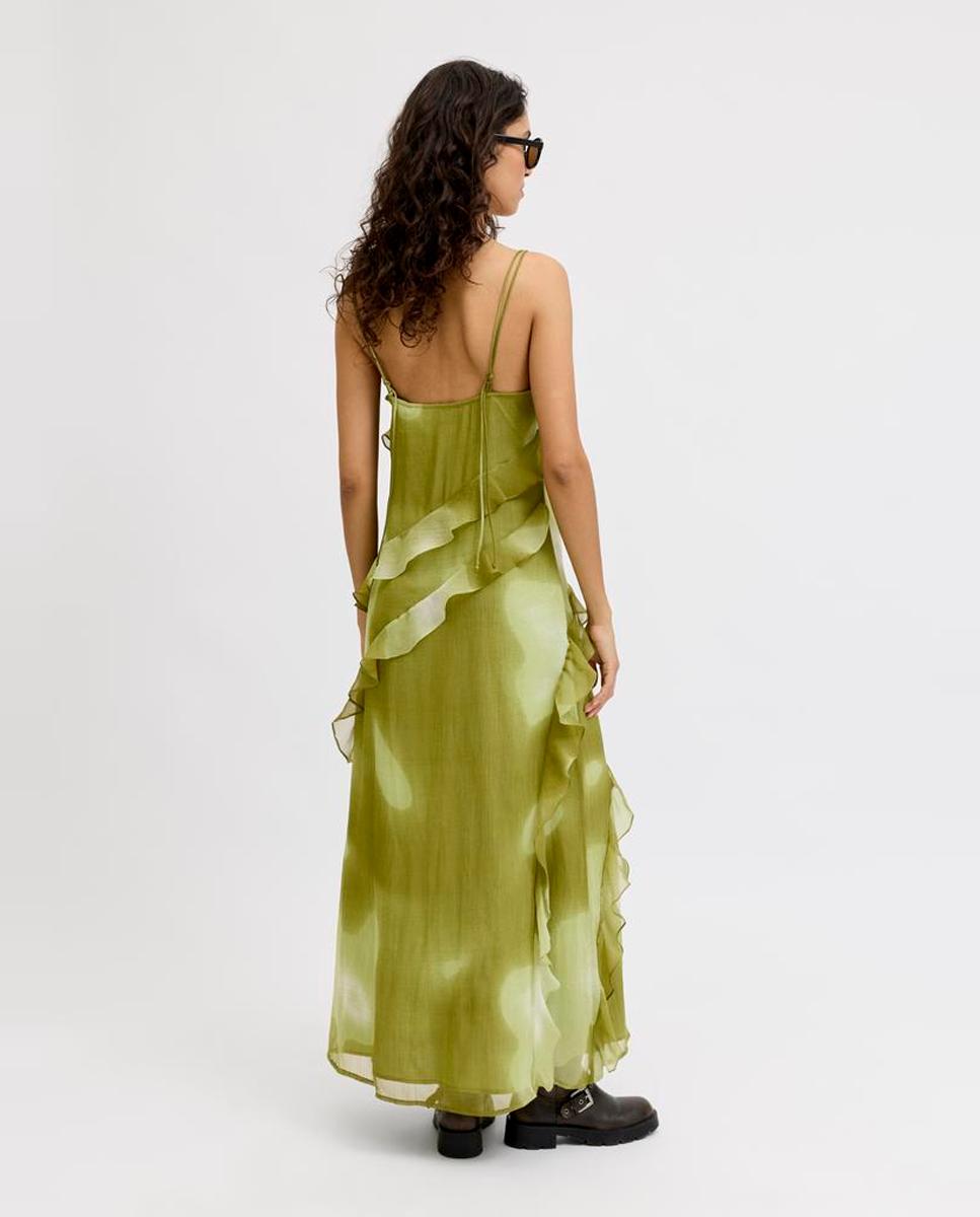 Vestido Comprido de Alças com Folhos Verde-3