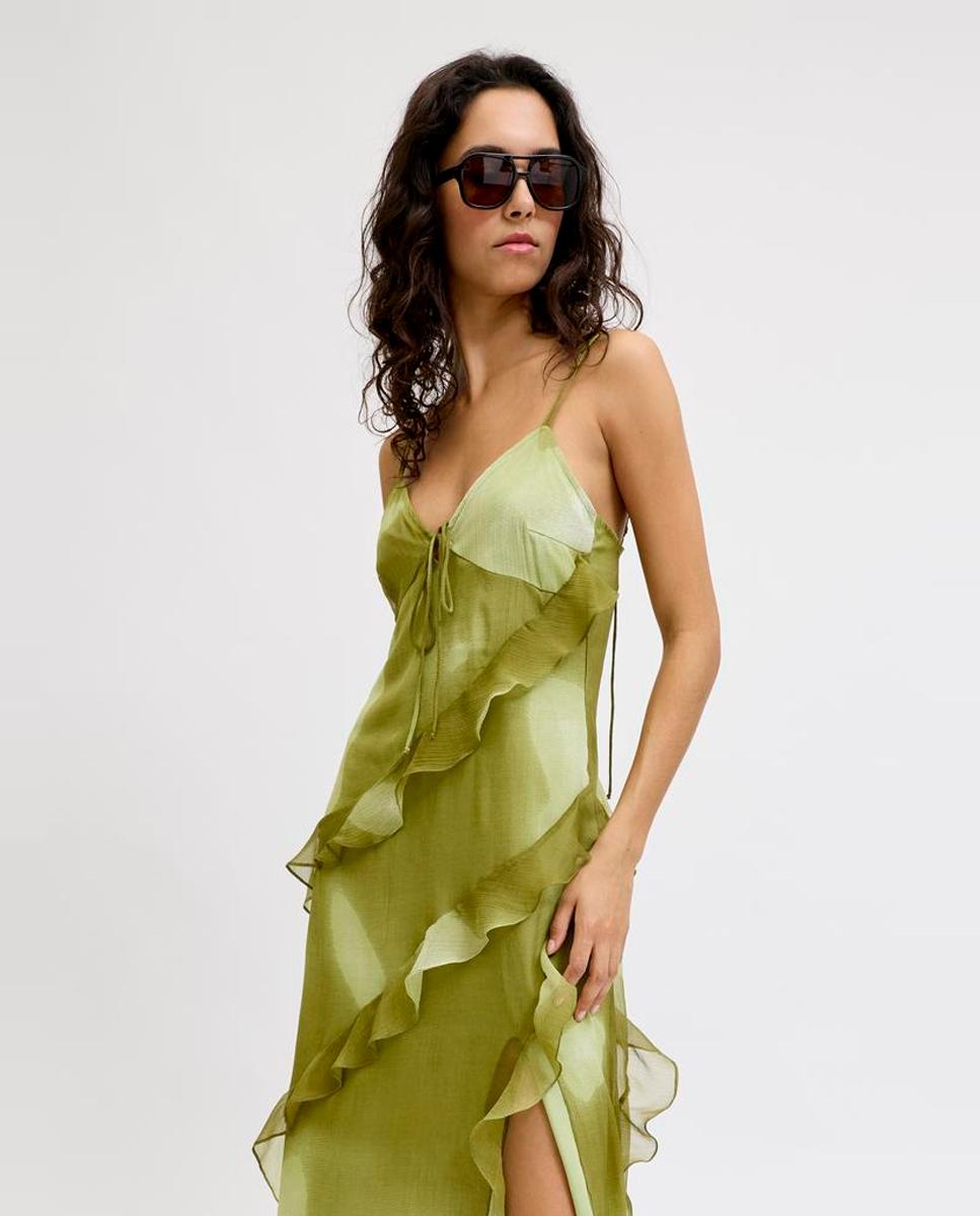 Vestido Comprido de Alças com Folhos Verde-4