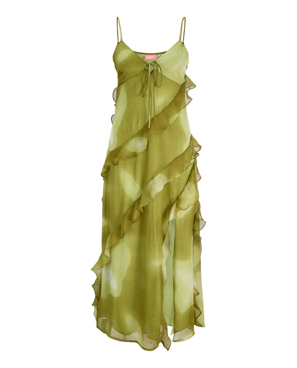Vestido Comprido de Alças com Folhos Verde-5