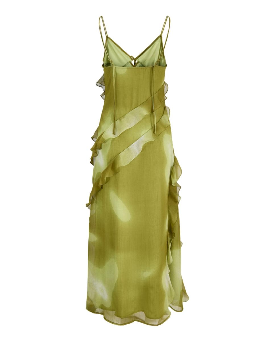 Vestido Comprido de Alças com Folhos Verde-6
