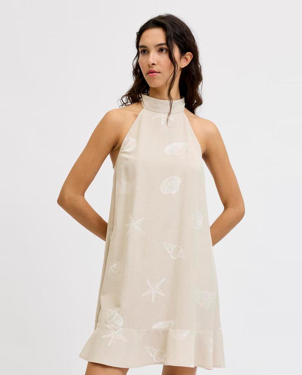 Vestido Curto Estampado com Gola Alta Bege-2