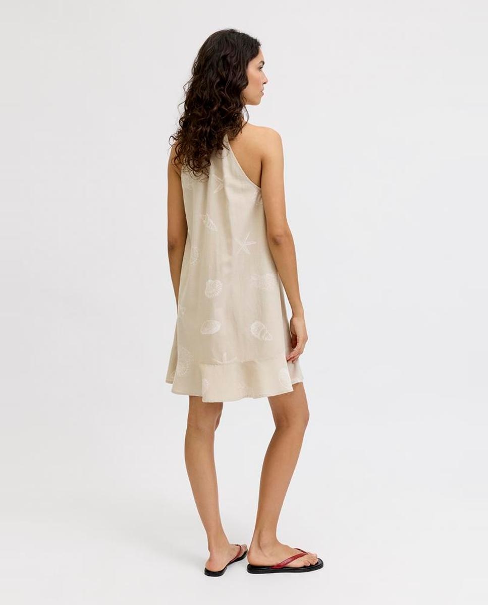 Vestido Curto Estampado com Gola Alta Bege-3