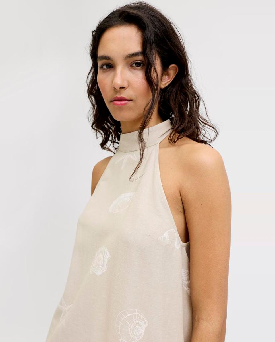 Vestido Curto Estampado com Gola Alta Bege-4