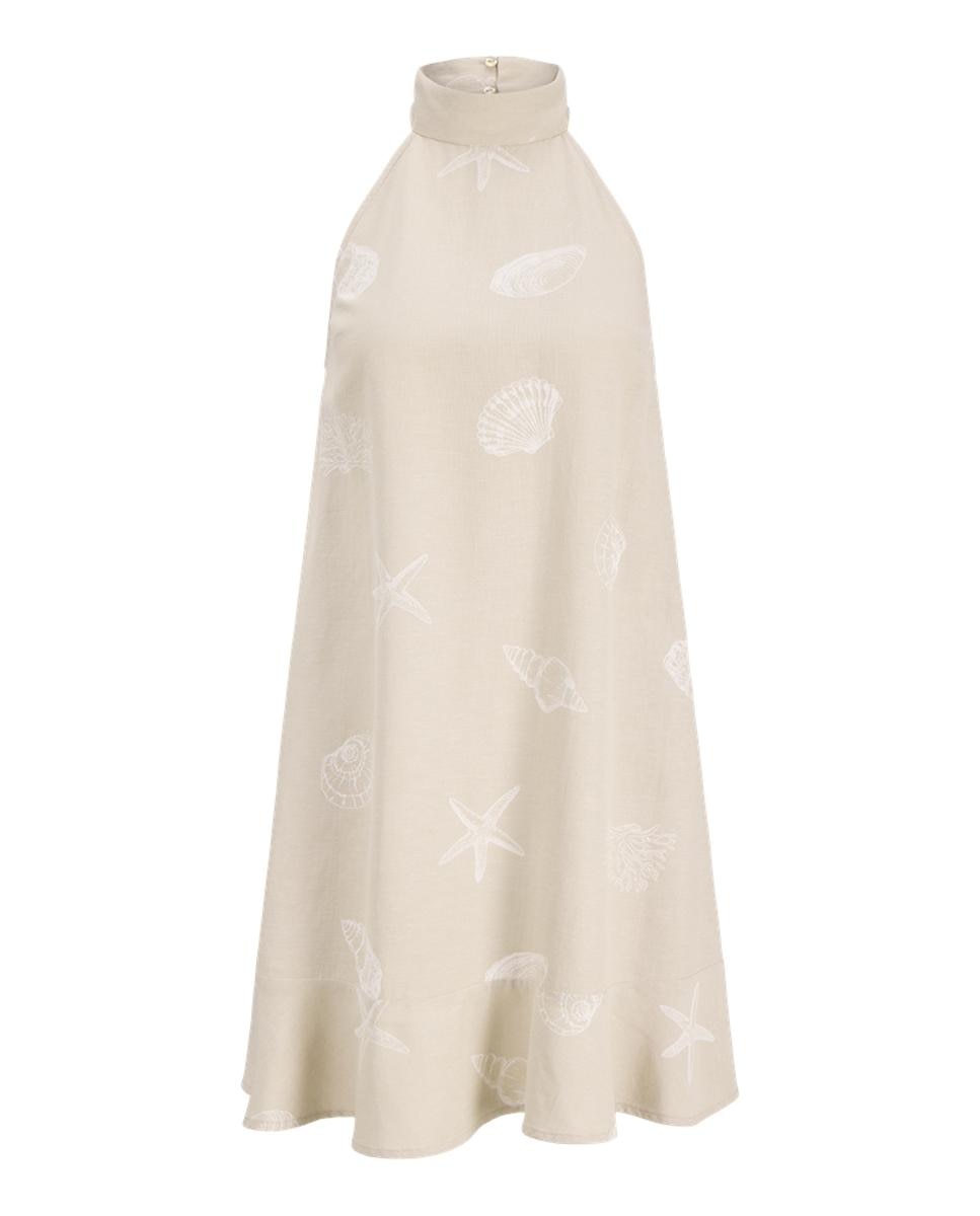 Vestido Curto Estampado com Gola Alta Bege-5